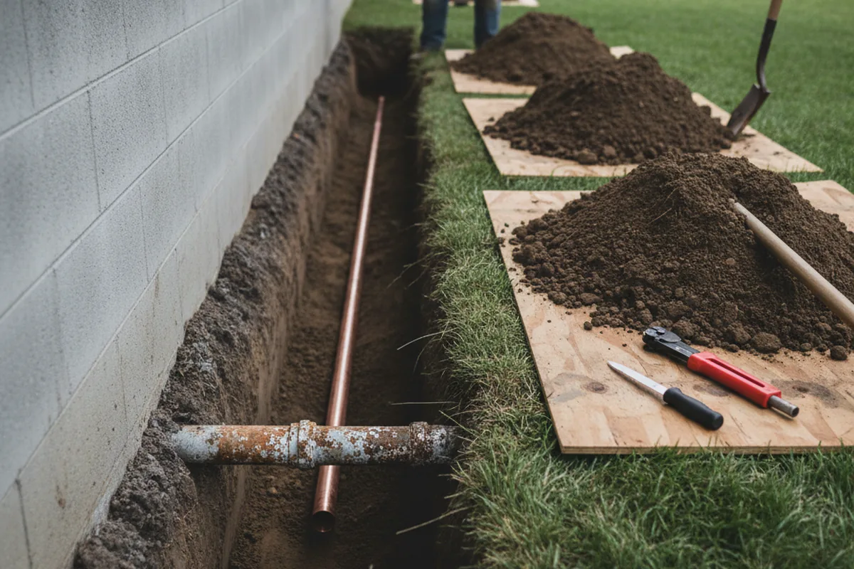 Excavated water line trench during Water Heater Repair in Cumberland